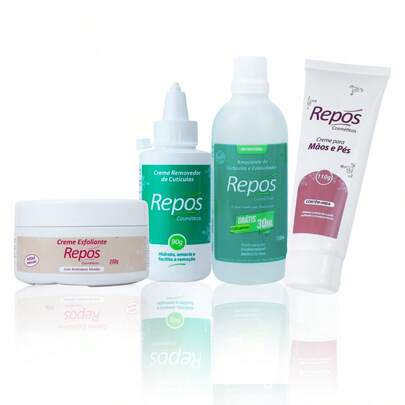 Kit Spa dos Pés Repos com Amaciante, Removedor de Cutícula, Esfoliante e Creme Hidratante para Manicure