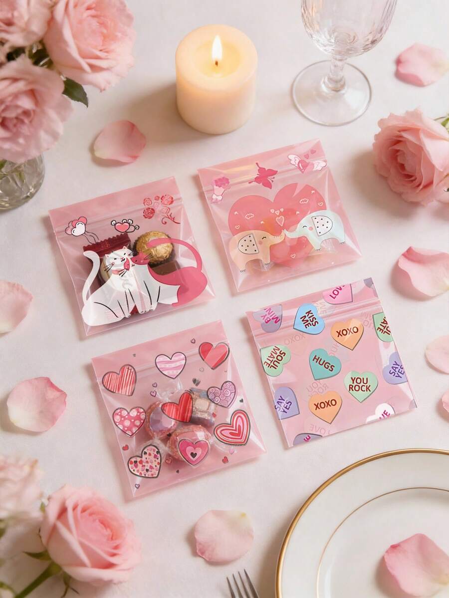 100pcs/Pack Transparent Candy Bags, Plastic Gift Bags, Mini Valentine's Day Party Favor Bags, Bulk Decorations - Multicolor - View 1