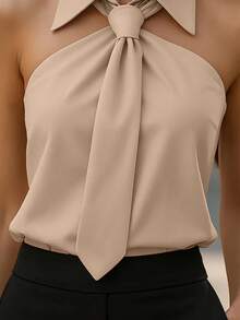 女士休闲优雅日常百搭纯色翻领系带无袖露背衬衫，春夏款 - 卡其色 - 查看 5