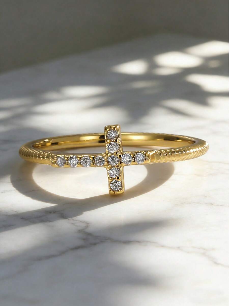 Charm-In 1 pieza Anillo de mujer con diseño de cruz de latón chapado en oro de 18K y circonita cúbica, regalo para el Día de San Valentín, Día de la Madre - Dorado - Ver 1
