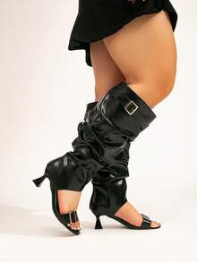 Women's Fashion Wide Shaft Faux Leather Tall Boots, Wrinkled Shaft, Chunky Heel, Black Sexy Knee-High Boots, Wide Width High Heel Boots - Black Pleats - View 6