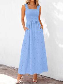 Women's Bohemian Eyelet Lace Cotton Smocked Sleeveless Square Neck Maxi Dress For Spring & Summer Beach Vacations - 淺藍色 - 查看 2