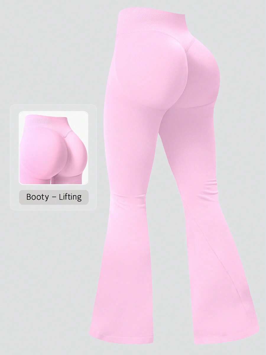 NcmRyu 1件装女士纯色无缝简约高腰弹力提臀喇叭运动裤 - 粉色 - 查看 1