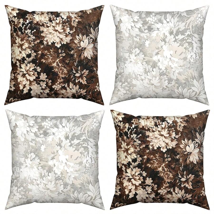 2/4PCS Vintage Brown & Silvery White Floral Pillowcase - Faux Super Soft Fabric, Distressed Texture Plant Print, Luxury Retro Style Sofa Decor Cover (Pillow Insert Not Included) - Multicolor - View 1
