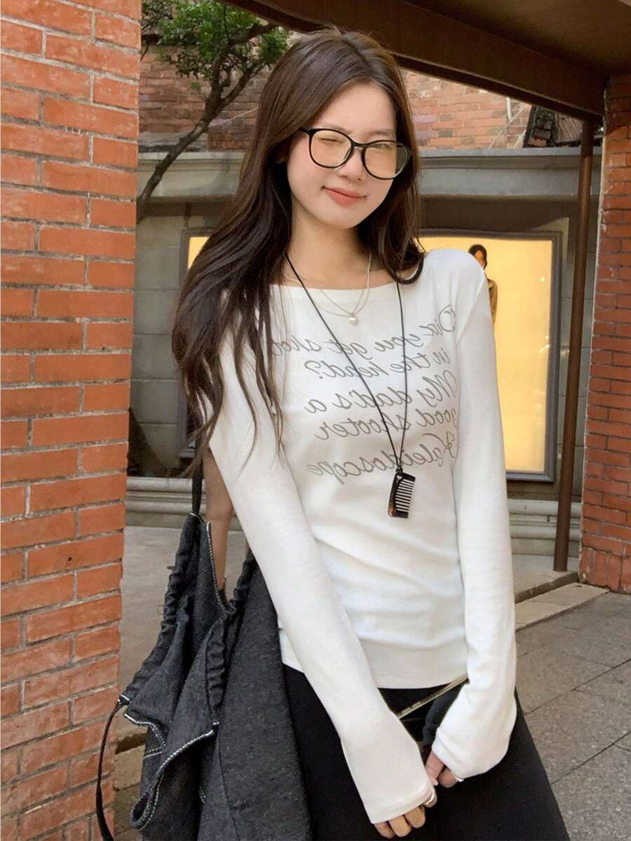 Áo thun dài tay in chữ, kiểu dáng ôm sát, vai chéo, dành cho nữ, màu trắng, phong cách thường ngày. - trắng - Xem 1