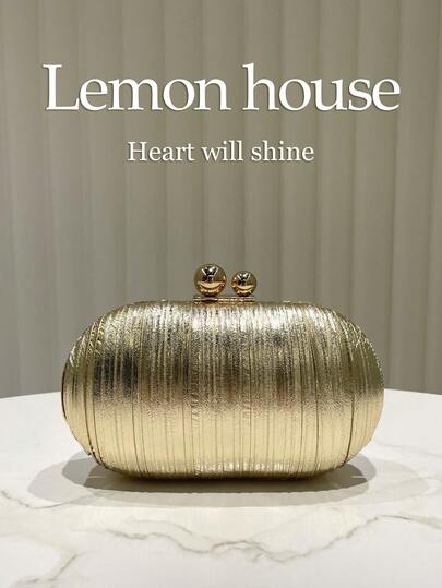 1pc Minimalist Pleated Reflective Gold PU Leather Clutch Bag, Elegant Fashion Handbag Suitable For Evening Party, Wedding, Cocktail Party, Formal Occasions