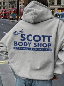 [Relaxed Fit Hoodie] Women'S Casual Hoodie With "KEith SCOTT BODY SHOP SERVICE & " Print - Gray Pullover With Drawstring, Long Sleeves, And Pockets, Perfect For Fall/Winter, Everyday Comfort, Everyday Comfort Apparel |   Relaxed Fit Hoodie |   Drawstring Hoodie  ,Romantic Pink Love Graphic Drawstring Hooded Sweatshirt For Ladies,Women's Hooded Sweatshirt - 灰色 - 查看 2
