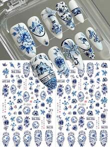 2片装蓝白瓷器风格花朵美甲贴纸 复古中国风春日窗景汉字古诗夏季美甲用品 美甲设计装饰配件 - 彩色 - 查看 7