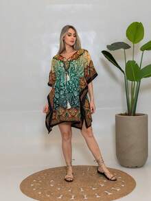 KIARA BRAZIL Women's Short Printed Boho Chic Dress | Loose Kaftan With Tie And V-Neck – Summer - AE-25111 - 綠色 - 查看 2