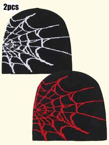 2pcs/1pc - Acrylic Spider Web Jacquard Knit Beanie Hat, Unisex, Adult Winter Outdoor Cycling Warm Knit Cap, Windproof Warm Hat, Insulation Protection, With Pom Pom - Multicolor - View 16