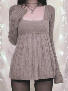 Women's Cable Knit Tops Long Sleeve Square Neck Solid Color Loose Fit T-Shirts Sweaters - 紅褐色 - 查看 1