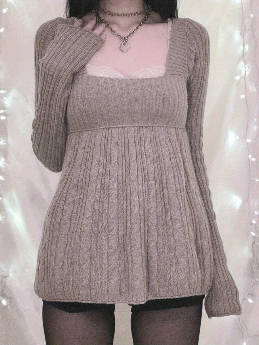 Women's Cable Knit Tops Long Sleeve Square Neck Solid Color Loose Fit T-Shirts Sweaters - 紅褐色 - 查看 1