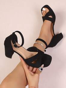 2022新款女士黑色粗跟凉鞋，中跟，露趾，搭扣带，休闲罗马风高跟鞋 - 黑色 - 查看 5