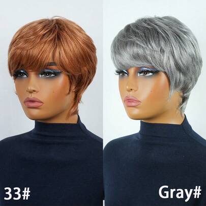 Grey & 33# Brwon Brown Color Glueless Short 4-Inch Pixie Cut Human Hair Wigs For Women - Brazilian Remy Hair 150% Density Non-Lace Rose Net Cap, Natural Look For Daily & Party Wear, Bold & Stylish Short Hair Wig, Natural Appearance Hair, Wig Accessories
