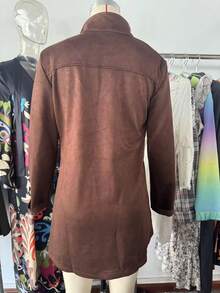 Women's Vintage Brown Suede  With Collar & Full-Length Zipper - Mid-Length Warm Coat For Fall/Winter, Casual Outerwear, Hand Washable Elegant Brown Suede Casual Blazer - Nâu sẫm - Xem 3