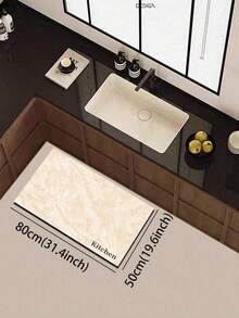 1pc Silica Gel Kitchen Floor Mat, Faux Marble Texture In Light Beige Natural Stone Appearance, With "Kitchen" Text, Approx. 3.5mm Thick, Customizable Size, Suitable For Kitchen, Bathroom, Entryway, Laundry Room, Bedroom, Living Room Decor