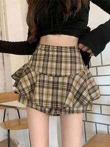 小码高腰格纹半身裤，显瘦拉长腿型，甜美迷人，春秋季穿搭 - 卡其色 - 查看 3