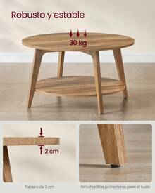 VASAGLE Mesa de Centro, Mesa de Centro Redonda de 2 Niveles con Almacenaje, para Salón, 80 x 45 cm, Fácil de Montar, Color Marrón Miel - marrón amarillento - Ver 5