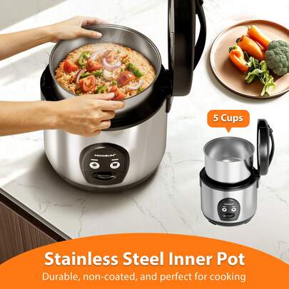 [Stainless Steel Inner Pot & 5-Cup Capacity]One-Touch Sushi Rice Cooker With Removable Cover & Steamer - Silver