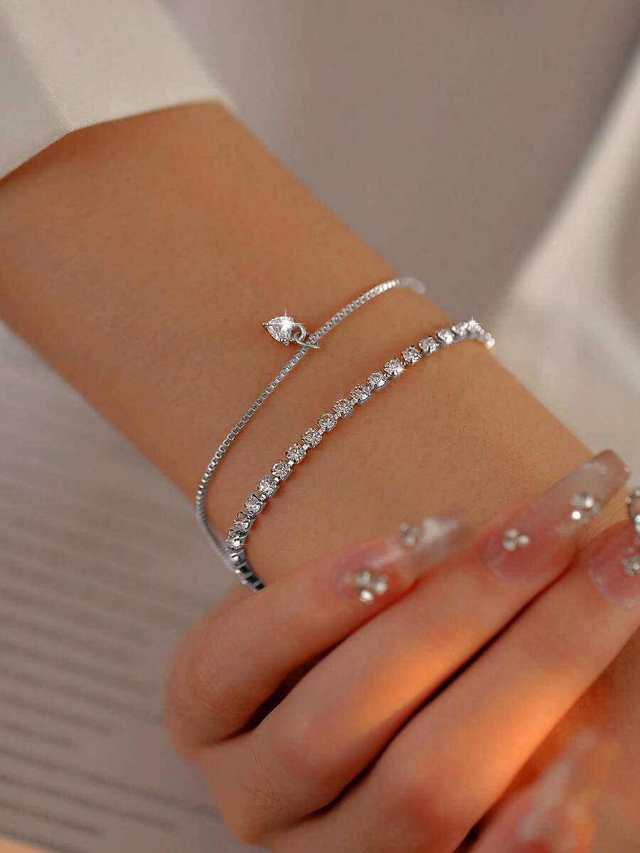 2pcs Sparkling Rhinestone Claw Chain Layered Heart Shaped Bracelet Set, Lovely & Elegant For Teenagers - Silver - View 1