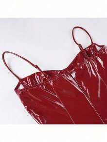 Women's New Fun And Sexy Christmas Festive Bright Leather Hip Skirt Showing Chest PU Leather Suspender Dress - 紅色 - 查看 6