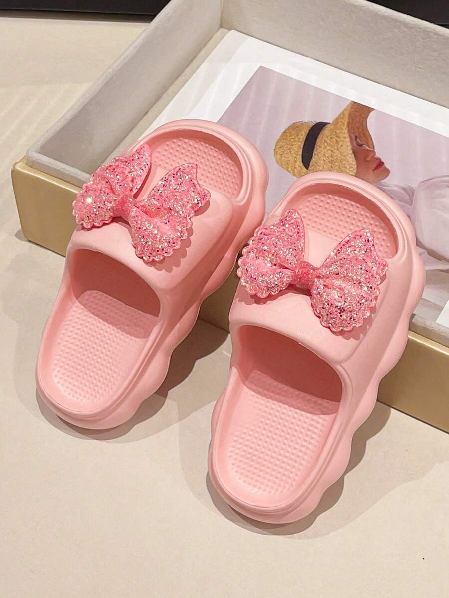 Kids' Summer Beaded Bow Slippers, Comfortable Non-Slip Soft-Sole Breathable Sandals With Bow Decor For Girls - Pink - View 1