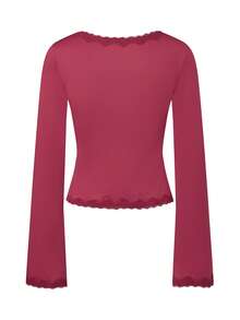 Women's Y2k Lace Trim Crop Tops Sexy Deep V Neck Long Sleeve Solid Color Slim Fit T-Shirts Blouses Going Out Tops For Spring Fall Aesthetic Clothes Streetwear - 紅色 - 查看 4