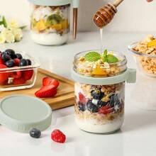 Paquete de 6 recipientes de avena durante la noche con tapas y cucharas tarros de avena de vidrio de 16 onzas tarros herméticos de gran capacidad para leche cereales frutas verde - Verde - Ver 4