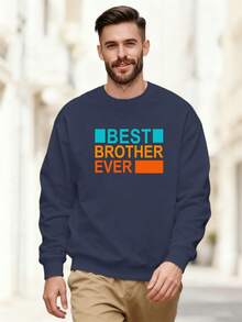 Casual Crew Neck Sweatshirt With BEST BROTHER Pattern - Navy Blue - View 1