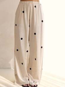 Two Piece Set Women Polka Dot Print Slim Fit Side Slit Strapless Tank Top+Loose Wide Leg Pants Set,Suitable For Casual Everyday Street Wear,Going Out Outfits,Spring Summer Clothes - 飯白色 - 查看 8
