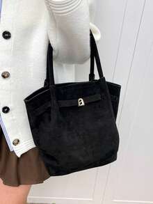 Dedoo Europäisch-amerikanisches Nischenentwurf Wildleder Beuteltasche mit Schnalle, Damen Straßen-Stil Handtasche, geeignet für Einkaufen, Pendeln, Partys und als Geschenk im Herbst/Winter - Schwarz - Übersicht 8
