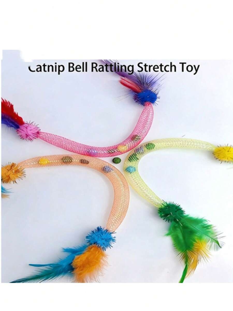 1pc Elastic Mesh Catnip Ball Cat Toy, Self-Playing Chew Toy With Feather, Kitten Toy, Pet Supplies - Multicolor - View 1