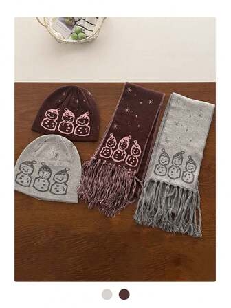 1 set söt snögubbe stickad mössa och stickad halsduk, varma vinteraccessoarer för kvinnor, mysig halsvärmare, snygg snögubbesvibe jacquardstickad halsduk och tjock mössa, modern och mångsidig