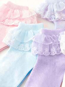 5 Pairs Girls' Solid Color Fashion Gold Lace Princess Dance 100% Cotton Ankle Socks - Multicolor - View 4