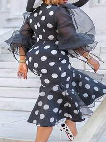 Boho Casual Woman High Waist Polka Dot Mermaid Dress Plus Size Women Elegant Formal Banquet Gown - 黑色 - 查看 2