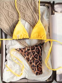 女士优雅豹纹露背系带比基尼套装，适合夏季度假和海滩 - 黃色 - 查看 2