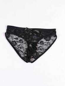 Quần lót nam dây mảnh ren hoa gợi cảm, khoét phía trước, thoáng khí và thoải mái, trang trí nơ. - màu đen - Xem 2