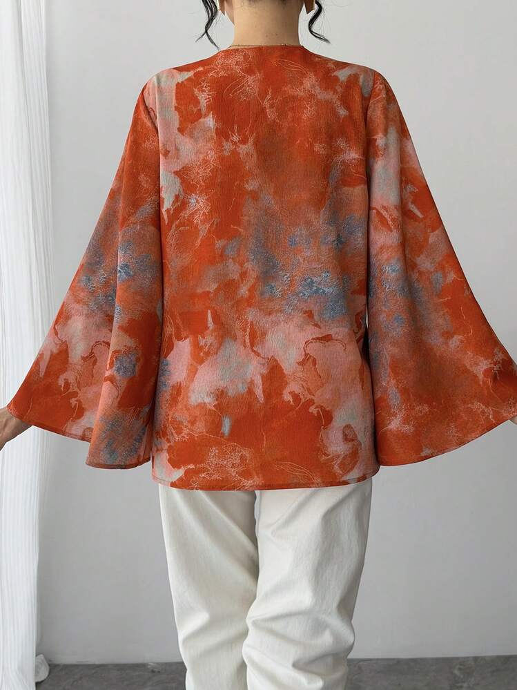 1pc Women's Blouse With Tie-Dye Print, Asymmetrical Collar, Single-Breasted, Asymmetrical Hem, Flared Sleeves, Elegant Chinese Style Top - Comfortable & Breathable Festival Attire, Suitable For Beach, Work, Daily Wear, Party, Wedding, And An Ideal Gift For Girlfriend, Wife, Mother, Mother's Day - Burnt Orange - View 2