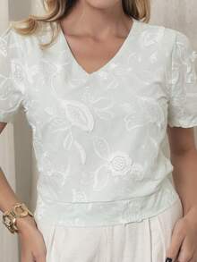 DUOUNO MODAS - ELEGANT WOMEN'S SHORT-SLEEVED BLOUSE, 100% COTTON, EMBROIDERED AND WITH INVISIBLE SIDE ZIPPER - WOMEN'S BLOUSES - Xanh nhạt - Xem 3