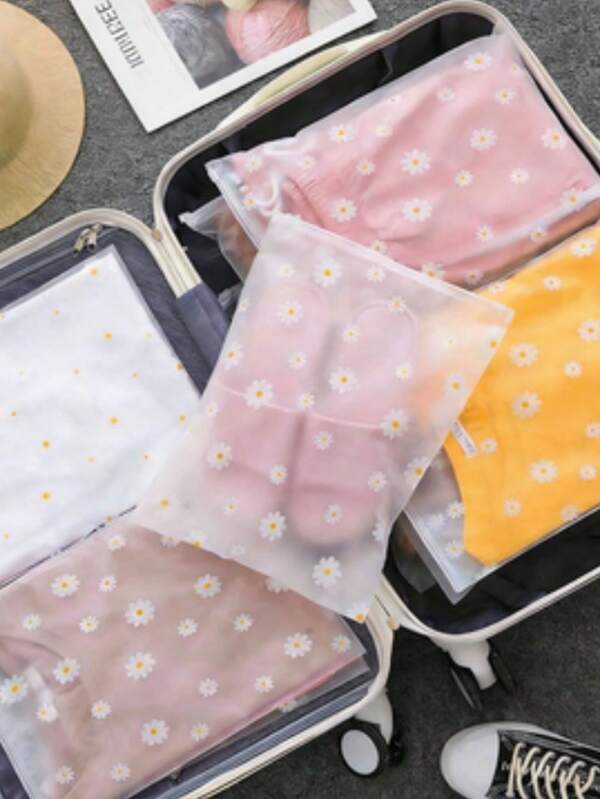 Daisy Print Transparent Travel Storage Bag - Wardrobe Organizer, Car Essential, Reusable Waterproof PEVA/Plastic Zipper Bag With Frosted Breathable Design, Suitable For Clothes, Shoes, Toiletries, Cosmetics, Towels, DIY Materials And Home Storage (Luggage Organizer, Shipping Packaging, Hospital Maternity Supplies)