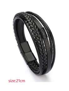 1pc European & American Style Zinc Alloy Black Magnetic Clasp Black PU Leather Bracelet, Fashionable For Men - Black - View 5