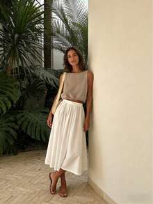 Sylvia Women's Summer Basic Minimalist Sleeveless Crew Neck Cropped Knit Tank Top, Soft Fabric, Relaxed Casual Vibe, Suitable For Beach Vacation, Afternoon Tea, Date, Music Festival - Camel - View 5