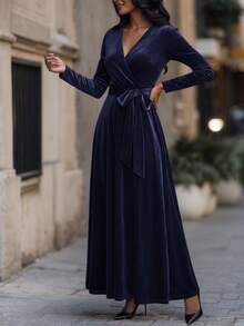 Women's Solid Color Christmas Elegant Vintage Party Tie Front Bow Velvet Dress, Autumn/Winter, Suitable For Holiday, Wedding, Formal Dinner, Date, Birthday Party, Garden Party, Photo Shoot, Valentine's Day, New Year - Royal Blue - View 5