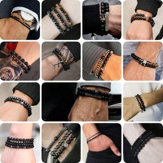 Set de 2/3/4 piezas de pulseras bohemias vintage de estilo empresarial para hombres, con piedra volcánica, ágata negra, cruz, corona, cubo, regalo para amigos, familia, novio, fiesta, vacaciones, aniversario