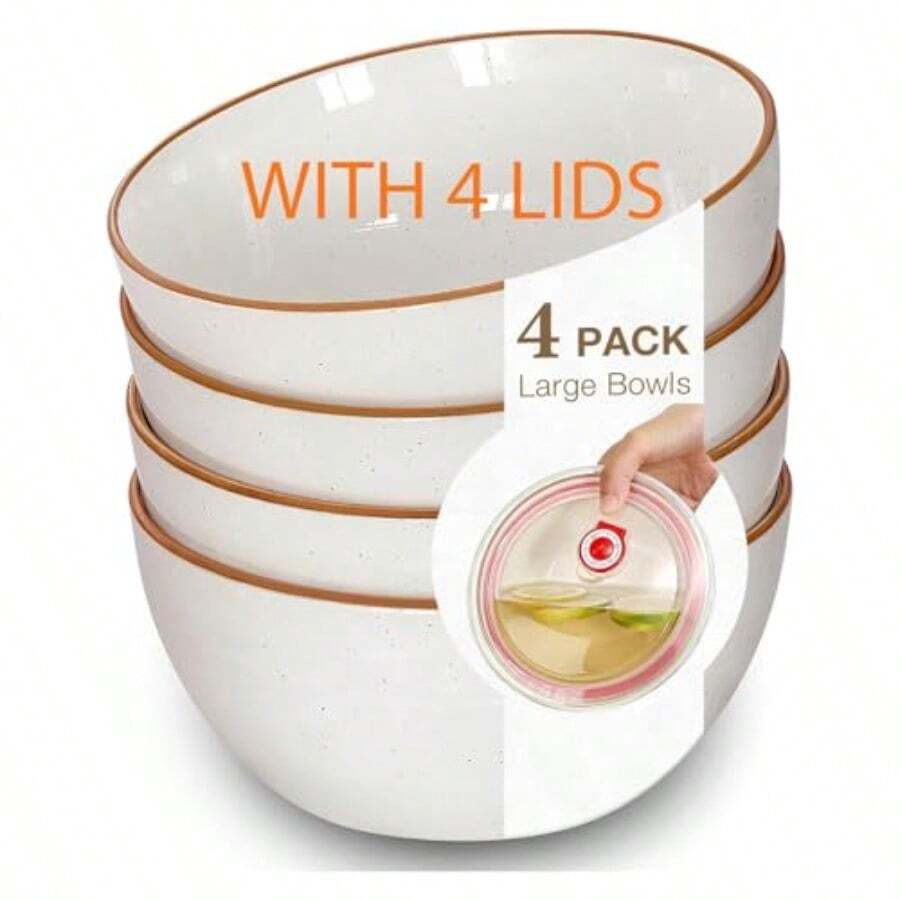 Juego de 4 cuencos de cerámica con 4 tapas juego de cuencos de cocina de 28 onzas para cereales ensalada sopa pasta postre porción ramen avena nueces lavaplatos y microondas - con vainilla - Ver 1