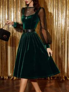 女士春夏天鹅绒拼接网纱圆领泡泡袖喇叭迷你连衣裙，优雅法式复古风，适合情人节、新年、音乐节、婚礼季、派对等场合。 - 綠色 - 查看 3