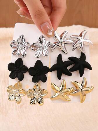 1/3/6 pares de pendientes de aro clásicos de moda en dorado, plateado y negro con diseños de flor de cinco pétalos, estrella y rombo, adecuados para uso diario y de fiesta de las mujeres