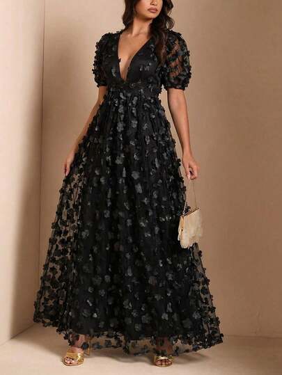 女士纯色优雅圣诞派对贴花刺绣正式晚礼服