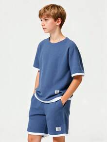 2pcs/Set Teens Summer Short Sleeve T-Shirt And Shorts, Waffle Texture Fabric With Contrast Trim, Casual Comfortable Outfit For Daily Wear And Light Social Occasions - Blue - View 2