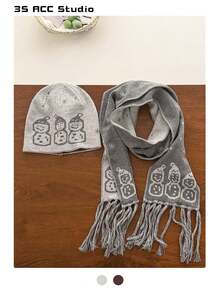 街舞图案拉绒提花针织帽，雪人提花针织帽，甜美百搭保暖护耳帽，女士混纺针织围巾套装，秋冬季舒适厚实 - 雪人 - 查看 12